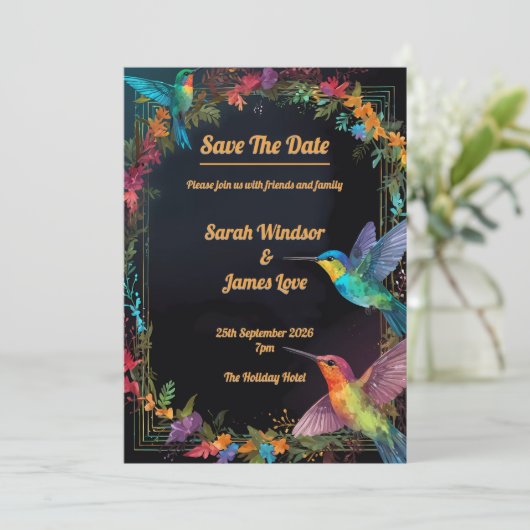 Hummingbird Dark Botanical Theme Einladung (Stehend Vorderseite)