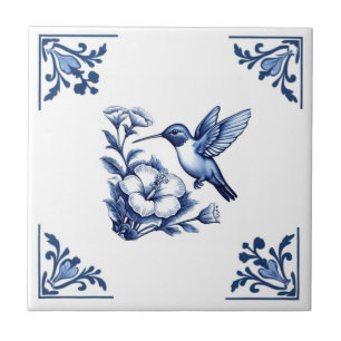 Hummingbird Delft Blue White Floral Corners Bird Fliese