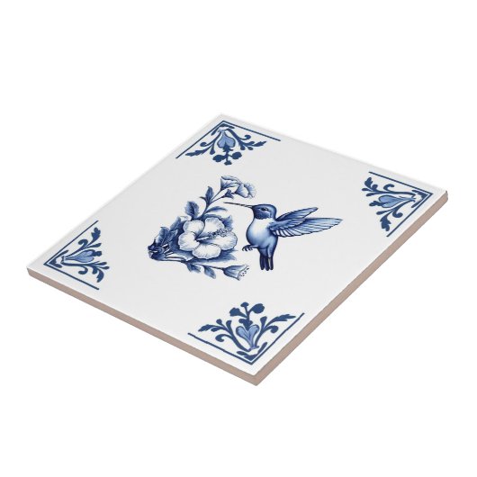 Hummingbird Delft Blue White Floral Corners Bird Fliese (Seite)