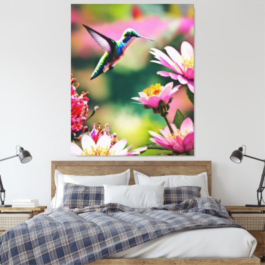 Hummingbird fliegt zu einer Blume Canvas Print Leinwanddruck (Insitu (Schlafzimmer))