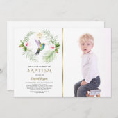 Hummingbird Floral Boy Foto Gold Taufe Einladung (Vorne/Hinten)