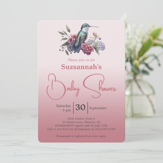Hummingbird & Flowers Burgundy Ombre Baby Shower Einladung (Stehend Vorderseite)