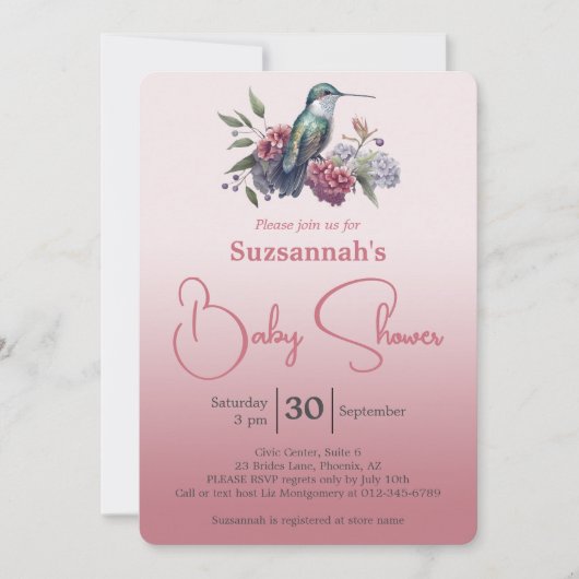 Hummingbird & Flowers Burgundy Ombre Baby Shower Einladung (Vorderseite)