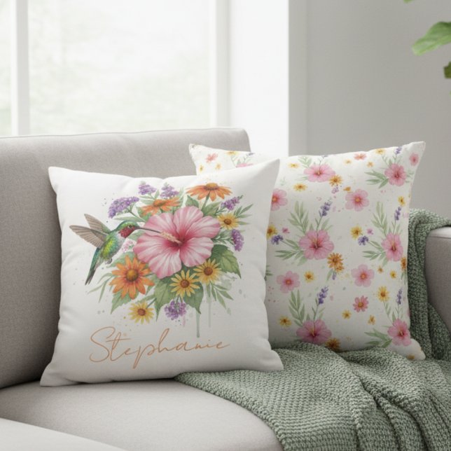 Hummingbird Garden Pillow – Personalized Floral Kissen (Floral hummingbird decorative pillow)