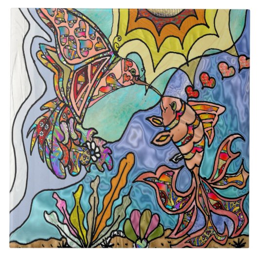 Hummingbird Goldfish Reflection Art Keramik Tile Fliese (Vorderseite)