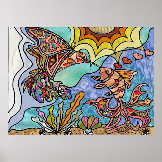 Hummingbird Goldfish Reflection Fantasy Art Poster (Vorne)