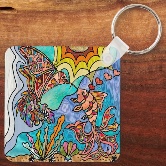 Hummingbird Goldfish Reflection Fantasy Art Schlüsselanhänger (Rückseite)