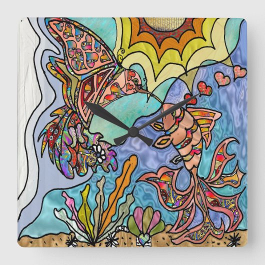 Hummingbird Goldfish Reflection Fantasy Wall Clock Quadratische Wanduhr (Vorderseite)