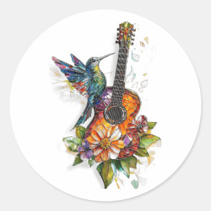 Hummingbird Guitar Floral Musician Naturol Lover B Runder Aufkleber