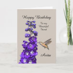 Hummingbird Happy Birthday Friend, Anita Card Karte<br><div class="desc">"Hummingbird Happy Birthday Friend,  Anita" von Catherine Sherman.
Ein Kolibri,  der Nektar aus einem lila Delphinium schlängelt,  sorgt für einen schönen Geburtstag. Sie können diese Karte mit jedem beliebigen Namen und Anlass personalisieren.</div>