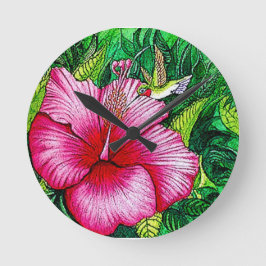 Hummingbird Hibiskus Aquarellbilder Runde Wanduhr