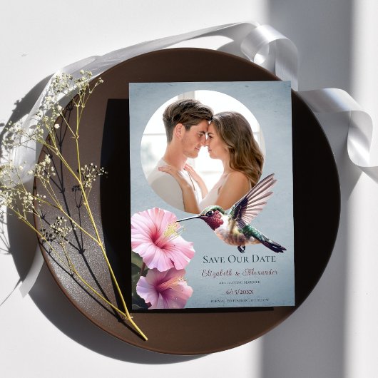 Hummingbird & Hibiskus Foto Save the Date | Blau Ankündigung