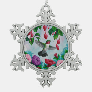 Hummingbird im Blumengarten Schneeflocken Zinn-Ornament