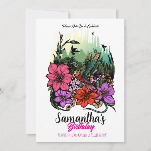 Hummingbird in Bloom - Eleganter Blumengeburt Einladung (Vorderseite)