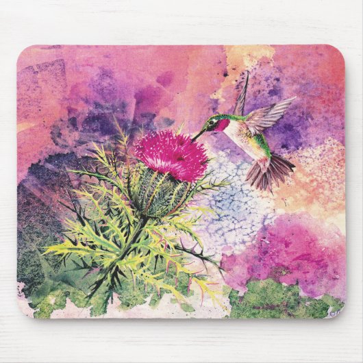 Hummingbird Lila Thistle Art Print Mousepad (Vorne)