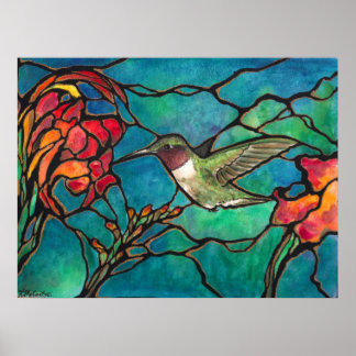 "Hummingbird Melody" Einzigartiges "Buntglas" Art Poster