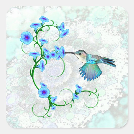 Hummingbird mit Morning Glories Quadratischer Aufkleber (Vorderseite)