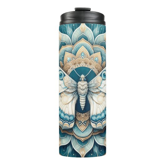 Hummingbird Moth Mandala in Gold, Weiß und Blau Thermosbecher (Vorderseite)