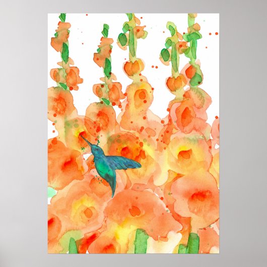 Hummingbird Orange Hollyhocks Blume Poster (Vorne)