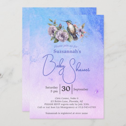 Hummingbird Pastel Watercolor Baby Shower  Einladung (Vorne/Hinten)