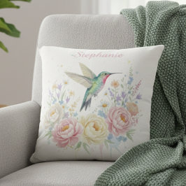 Hummingbird Pillow – Pastel Floral Watercolor Gift Kissen