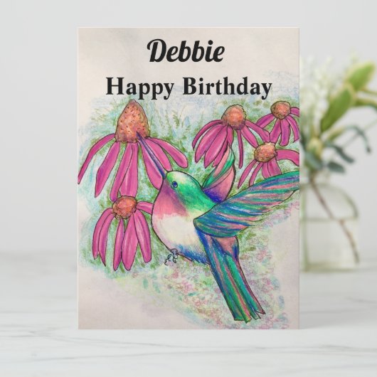 Hummingbird Pink Conefles Birthday Karte (Stehend Vorderseite)