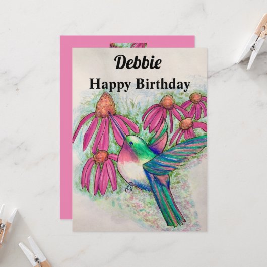 Hummingbird Pink Conefles Birthday Karte (Vorderseite/Rückseite Beispiel)