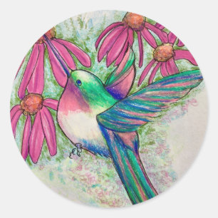 Hummingbird Pink Coneflores Wasserfarbe Runder Aufkleber