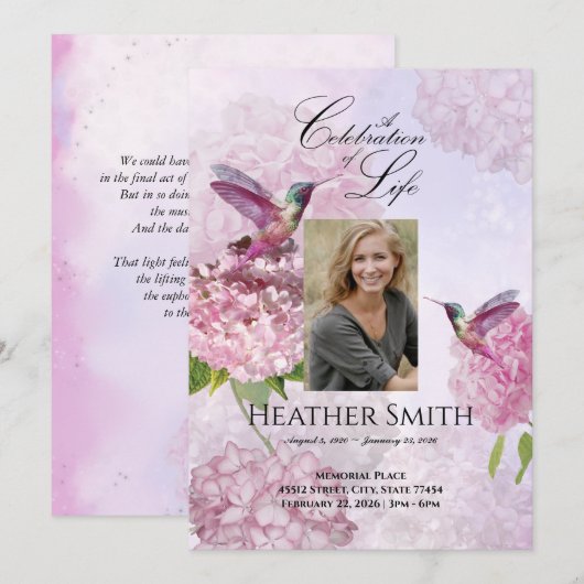 Hummingbird Pink Hydrangeas Feier des Lebens Einladung (Vorne/Hinten)