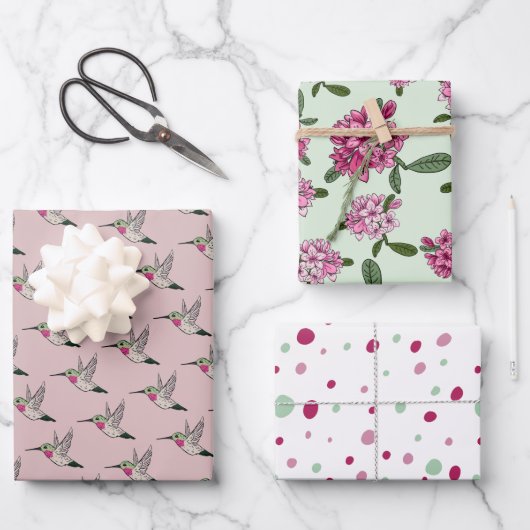 Hummingbird Pink Rhododendron Wrapping Paper Geschenkpapier Set (Vorderseite)