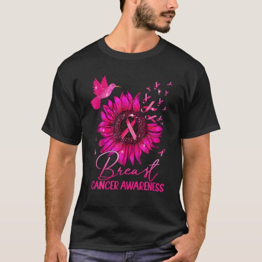 Hummingbird Pink Sunflower Ribbon Brustkrebs Aw T-Shirt (Vorderseite)