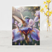 Hummingbird plasht in einer Lila Iris Karte (Gelbe Blume)