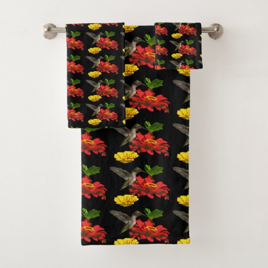 Hummingbird Red Yellow Flowers Pattern Badetücher Badhandtuch Set (Insitu)