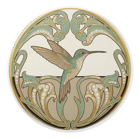Hummingbird Sage Green & Gold Art Deco Nouveau Keramikknauf (Vorderseite)