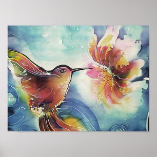 HummingBird und Blume Seidenmalerei Poster