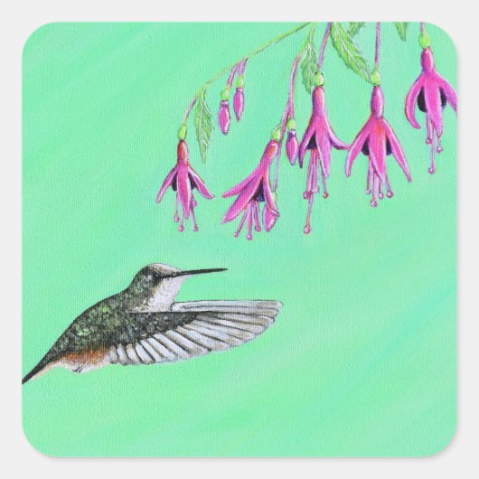 Hummingbird und Fuchsia-Malerei Quadratischer Aufkleber (Vorderseite)