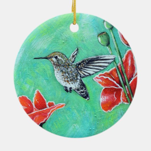 Hummingbird und Poppies Painting Keramik Ornament (Hinten)