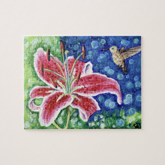 Hummingbird und Stargazer Lily Painting Puzzle (Horizontal)