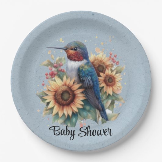 Hummingbird und Sunflower Blue Baby Dusche Pappteller (Vorderseite)