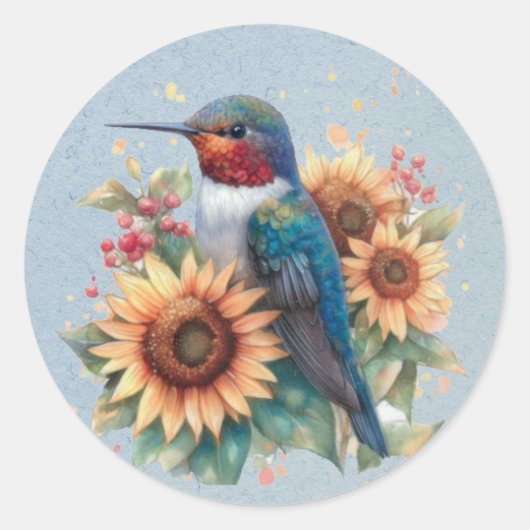 Hummingbird und Sunflower Blue Baby Dusche Runder Aufkleber (Vorderseite)