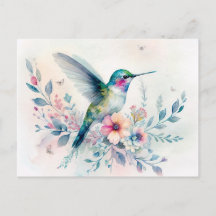 Hummingbird und Wildblumen Wasserfarbe Postkarte