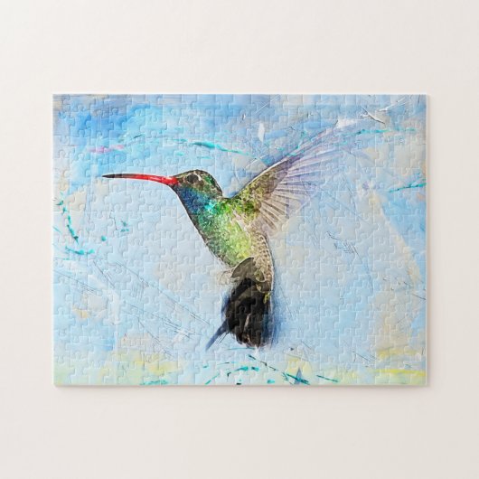 Hummingbird watercolor blue green pretty puzzle (Horizontal)