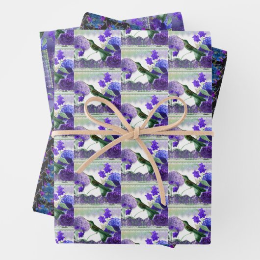 Hummingbird with hydrangeas, Rosen, Purple back wr Geschenkpapier Set (Beispiel)