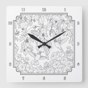 Hummingbirds and Flowers Adult Coloring Page Quadratische Wanduhr