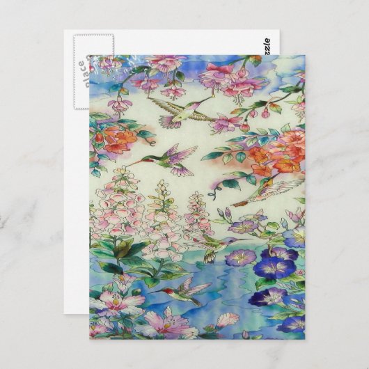 Hummingbirds and Pink flowers stained glass WOW Postkarte (Vorne/Hinten)