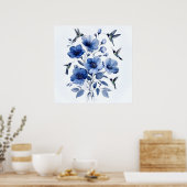 Hummingbirds Blau und Weiß Elegante Blumenkunst Poster (Küche)