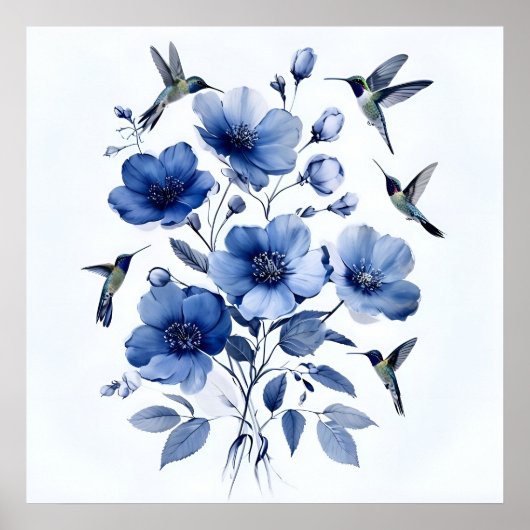 Hummingbirds Blau und Weiß Elegante Blumenkunst Poster (Vorne)