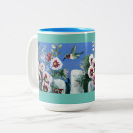 HUMMINGBIRDS FLOWERS FENCE Two-Tone COFFEE MUG Zweifarbige Tasse