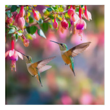 Hummingbirds Fuchsia Flowers Iridescent Dance