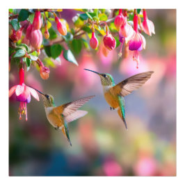 Hummingbirds Fuchsia Flowers Iridescent Dance Fotodruck
